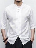 Men's Summer Vacation Stand Collar Button Short Sleeve Linen Shirt