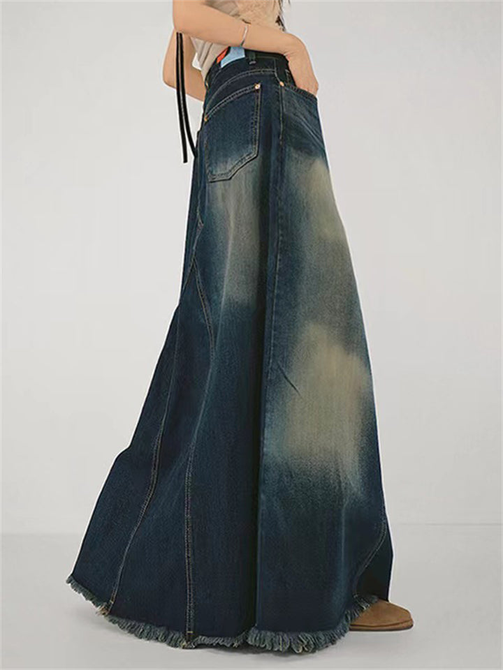 Women's Distressed Contrast Color A-Line Denim Skirt