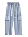 Mens American Style  Wide Leg Cargo Jeans with Utility Pockets