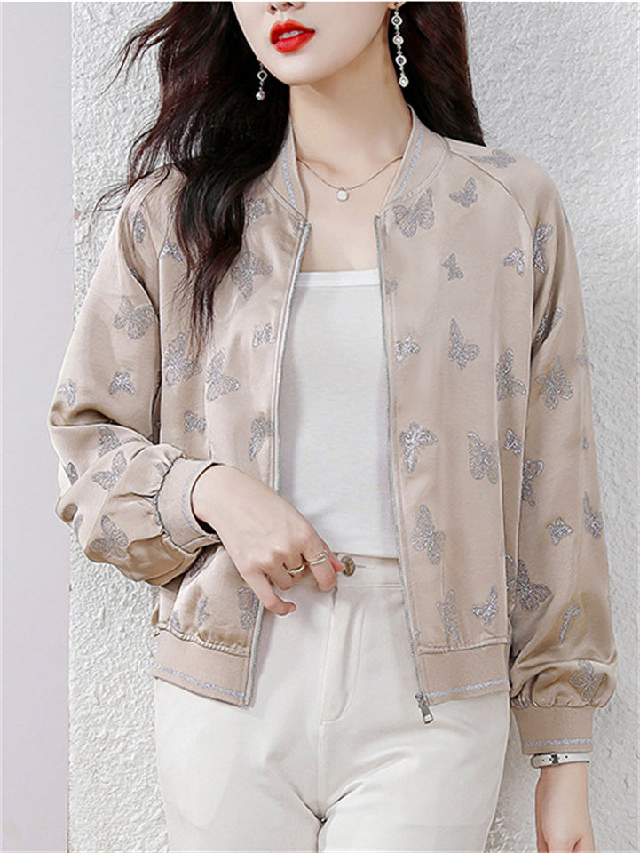 Women's Casual Butterflies Pattern Waist Length Baseball Collar Jacket