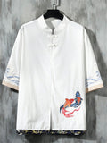 Men's Summer Retro Fish Embroidery Frog Button Half Sleeve Shirt