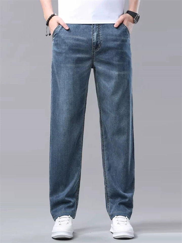Mens Summer Lyocell Wash Relaxed Fit Straight Leg Denim Jeans