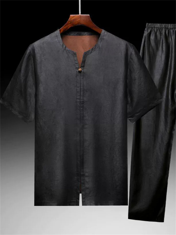 Men's 2Pcs Summer Chinese Style Black Tussah Silk Short Sleeve Tangsuit Outfits