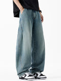 Men Summer Baggy Jeans Wash Elastic Waist Loose Curved Leg Denim Pants