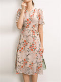 Ladies French Style V-Neck Floral Print Lantern Sleeve Dress