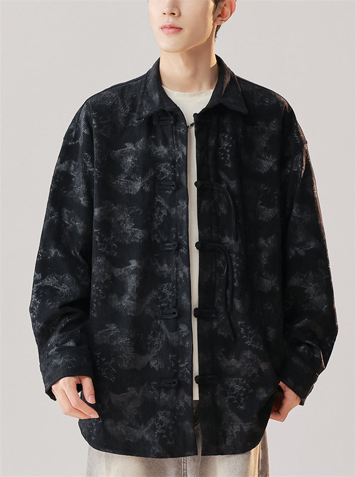 Chinese Style Men's Corduroy Texture Lapel Long Sleeve Shirts