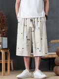 Mens Japanese Style Holiday Printed Wide Leg Cropped Summer Pants