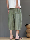 Men's Cotton Linen Stripe Drawstring Capri Pants