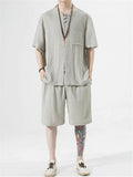 Men's 2Pcs Summer Round Neck Short Sleeve Solid Color Outfits