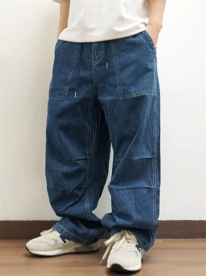 Men Japanese Style Baggy Carpenter Jeans Wide Leg Loose Fit Denim Work Pants