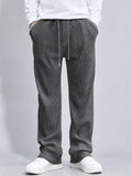 Men Jacquard Striped Pants Drawstring Elastic Waist Loose Fit Trousers