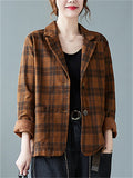 Women's Casual Retro Long Sleeve Plaid Suit Collar Jacket