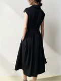 Female Summer French Style Cotton Short Sleeve Tie-Waist Midi Dress