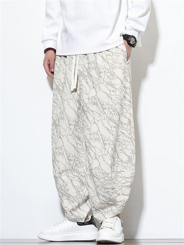 Men's Autumn Casual Texture Printed Wide Leg Carrot Cropped Pants