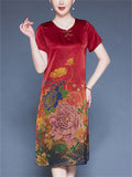 Women's Floral Print O-neck Frog Buttons Short Sleeve Satin Dress