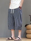 Men's Cotton Linen Stripe Drawstring Capri Pants