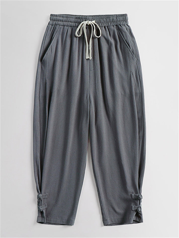 Men's Plus Size Summer Cotton Linen Solid Color Cropped Pants