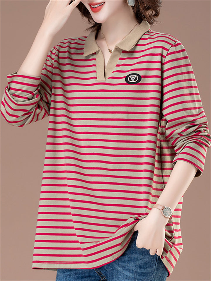Women's Loose Cotton Stripe Long Sleeve Shirts