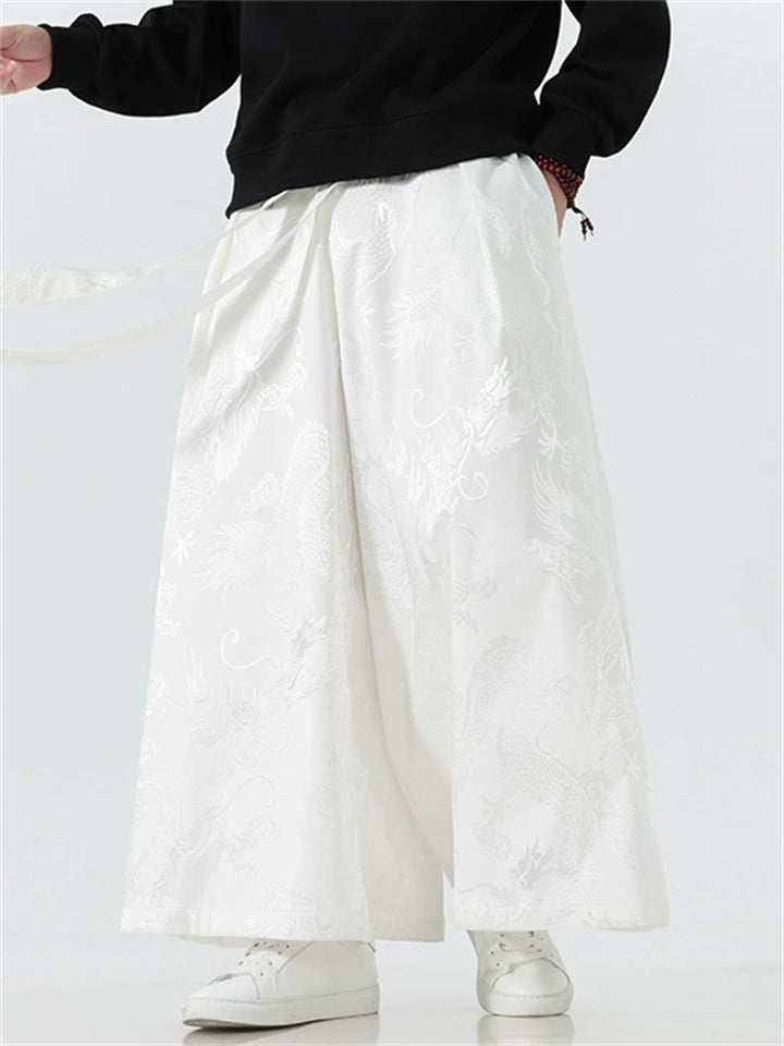 Men's Chinese Style Loong Jacquard Wide Leg Hanfu Mamian Pants