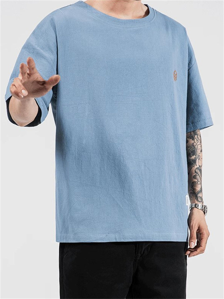 Men's Casual Solid Color Embroidery Loose Short Sleeve T-Shirt