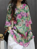 Women's Casual Summer Flowers Printed V Neck Half Sleeve Shirt
