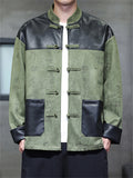 Men's Chinese Style PU Leather Suede Patchwork Tangsuit Jacket with Calligraphy Print