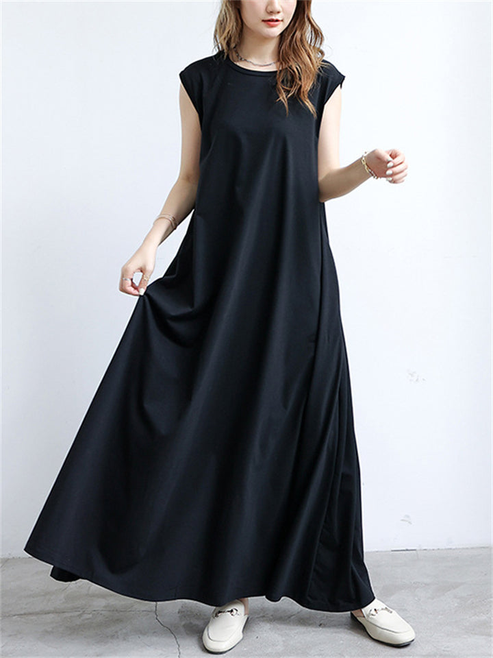 Japanese Style Solid Color Sleeveless Big Hem Maxi Dress