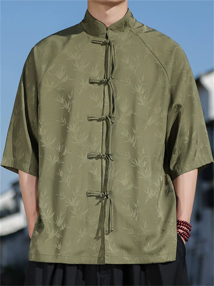 Men's Chinese-style Stand Collar Half Sleeve Bamboo Jacquard Shirt