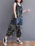 Yellow Flower Print Adjustable Strap Women's Denim Overalls