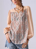 Women's Floral Print Plaid Patchwork Long Sleeve Shirt