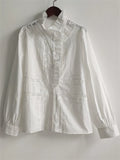 Women's Elegant Autumn Cotton Striped Hollow Stand Collar Long Sleeve Shirts
