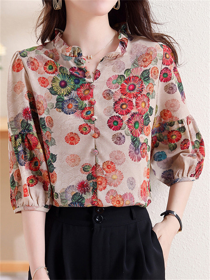 Summer Retro Elegant Floral Print Half Sleeve Shirt For Women