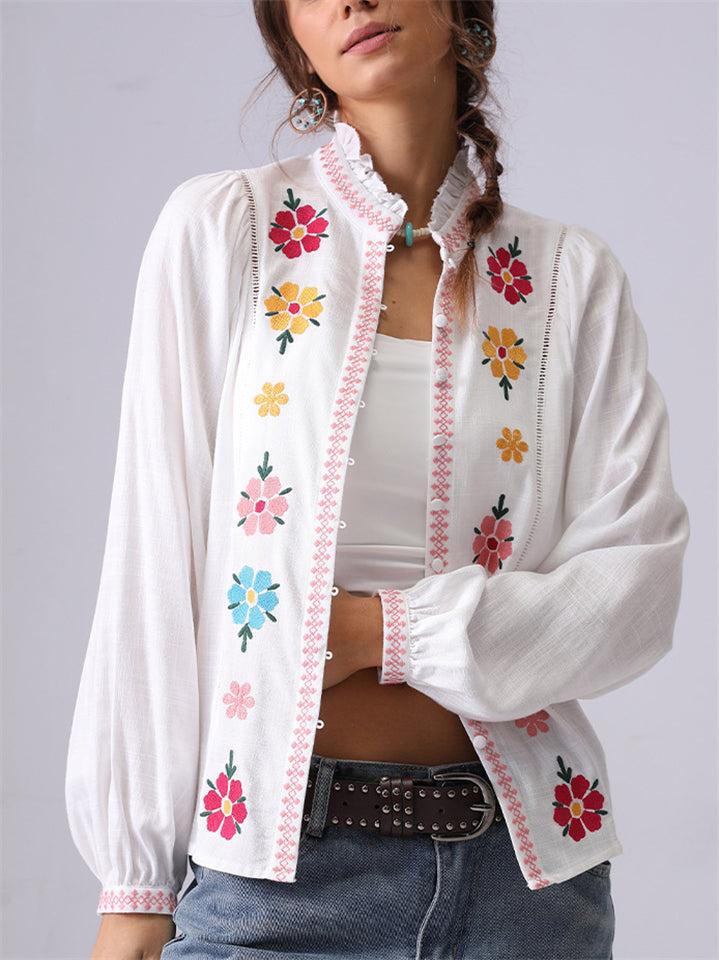 Women's Flowers Embroidery Stand Collar Long Sleeve Shirts