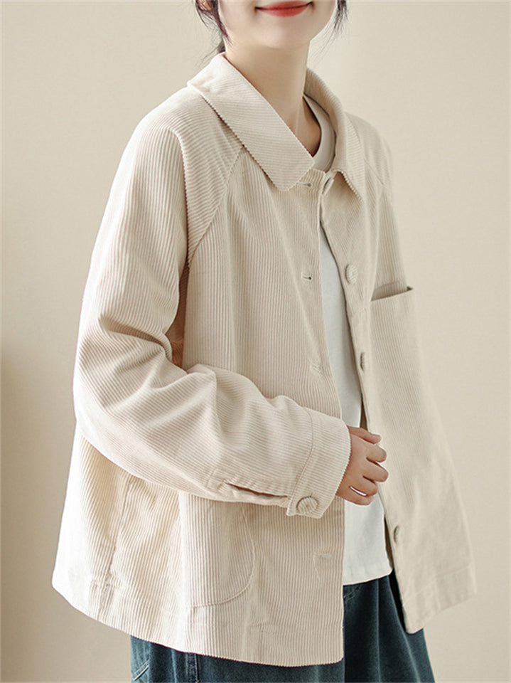 Women's Beige Corduroy Lapel Long Sleeve Jacket