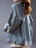 Long Sleeve Stand Collar Embroidery Waist Length Denim Jacket for Women