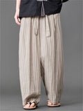 Mens Summer Vintage Chinese Zen Style Striped Wide Leg Lounge Pants