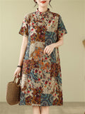 Women's Retro Ethnic Style Print A-Line Cheongsam Midi Dress