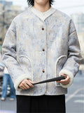 ‌Chinese Style Gray Printed Winter Coat with Faux Fur Trim for Men