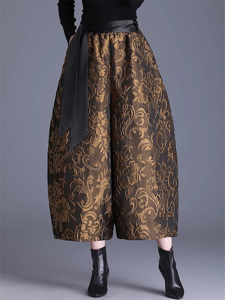 Women's Embossed Jacquard Tie-Waist Wide Leg Cropped Bloomers Pants