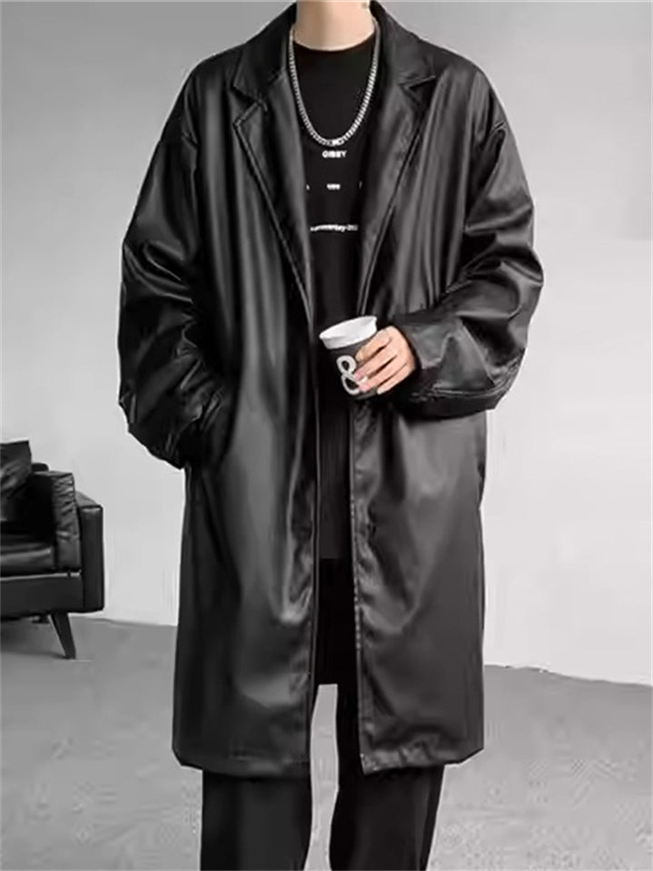 Retro Solid Color Suit Collar Mid Long Trench Jacket for Men