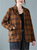 Women's Casual Retro Long Sleeve Plaid Suit Collar Jacket