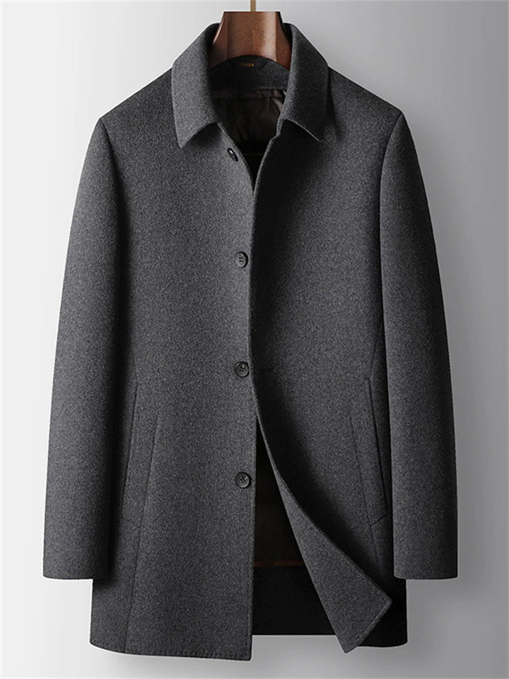 Men's Winter Solid Color Button Up Long Sleeve Lapel Woolen Coats