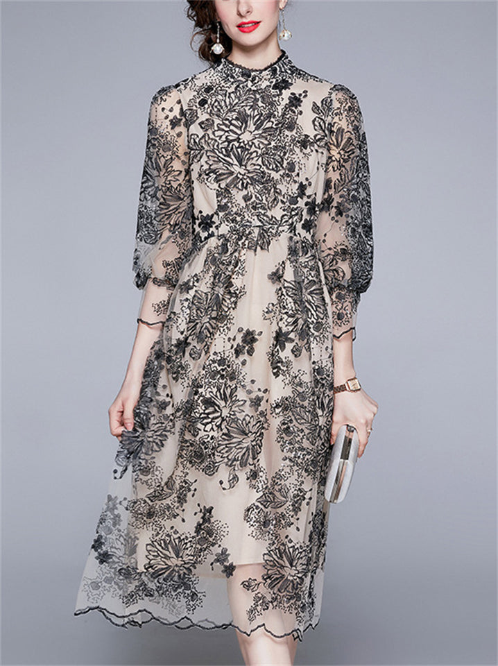 Women's Summer Embroidery Hollow Mesh Midi Dress