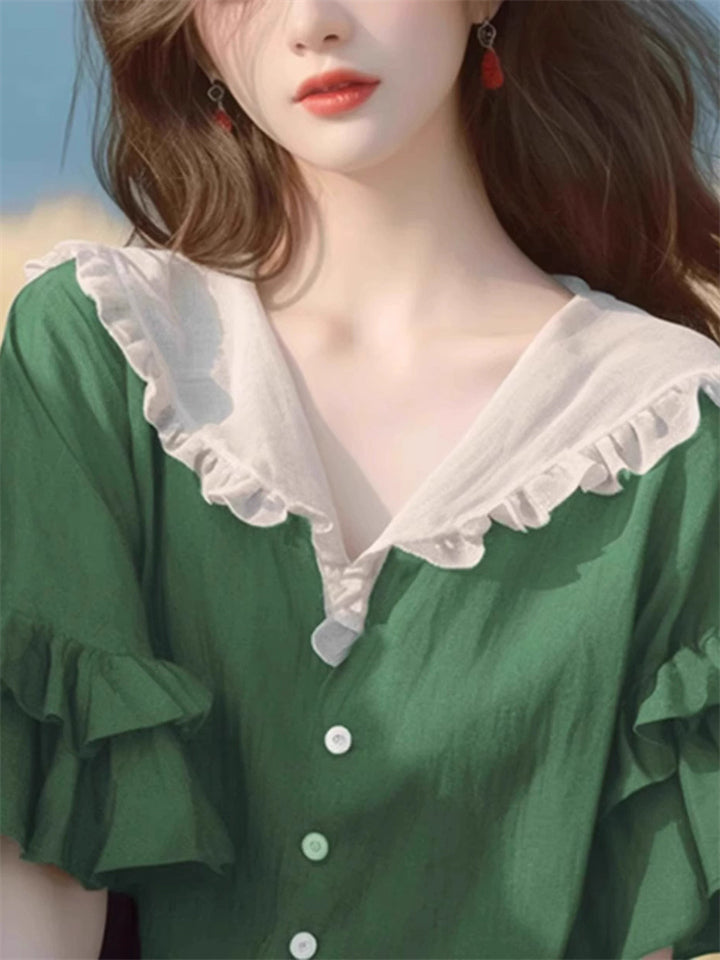 Women's Summer Contrast Color Lotus Short Sleeved Shirts