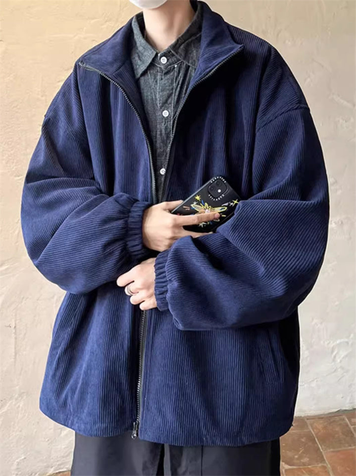 Men's Solid Color Loose Corduroy Textured Stand Collar Jacket