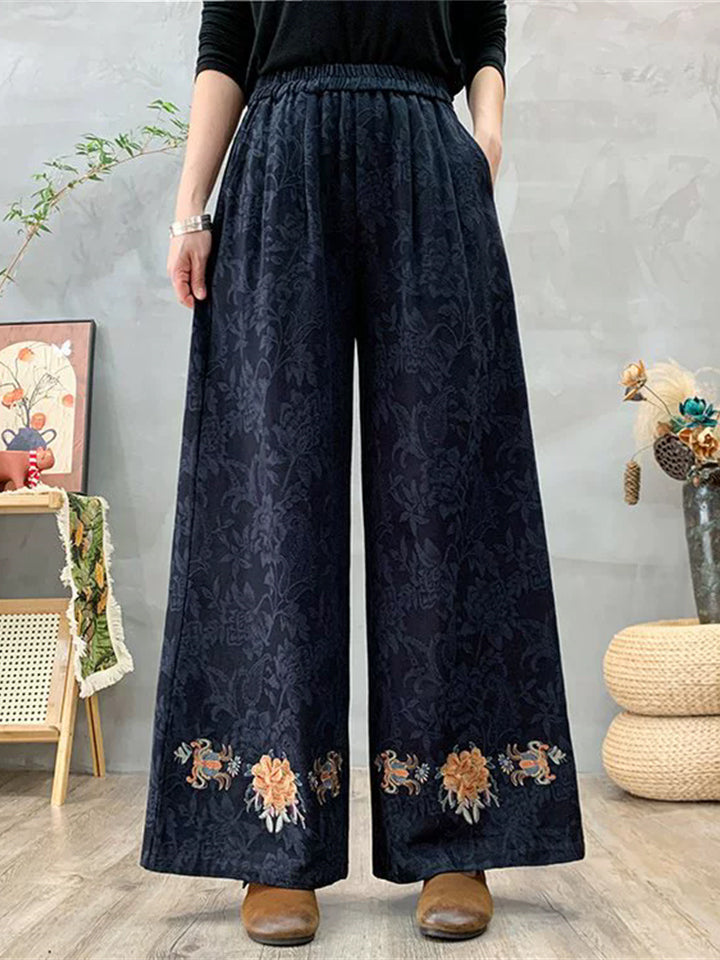 Women's Elegant Ethnic Style Heavy Industry Embroidery Wide Leg Pants