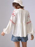 Women's French Style Embroidery V Neck Puffed Sleeve Shirt