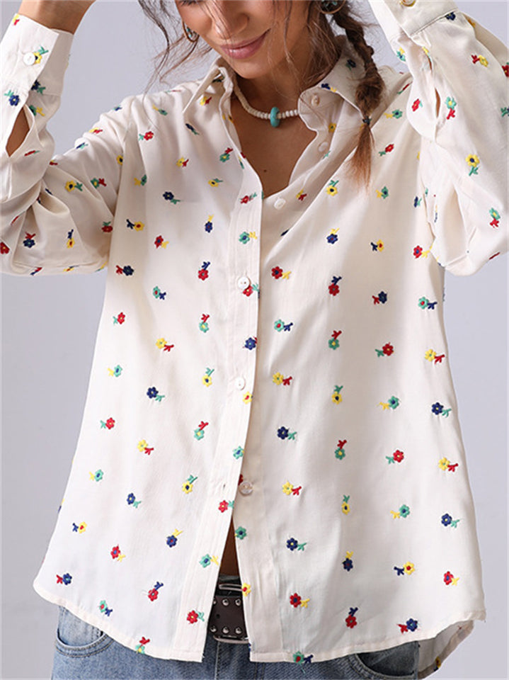 Women's French Style Flowers Embroidery Cotton Lapel Shirt