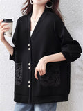 Women's Black V-neck Single Breasted Pockets Long Sleeve Jacket