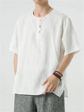 Chinese Style Comfy Solid Color Linen Short Sleeve Shirt